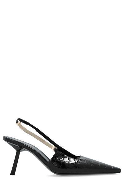 SAINT LAURENT Crocodile-Ebossed Slingback Pumps with Geometric Stiletto Heel