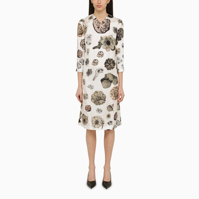 MARNI Silk Flower Collage Print Dress with V-Neck and Three-Quarter Sleeves