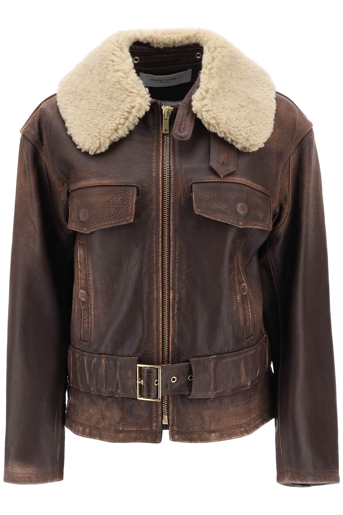 GOLDEN GOOSE Vintage-Effect Leather Biker Jacket with Shearling Collar - Size 40