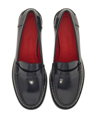 FERRAGAMO Classic Black Leather Loafers with Embossed Logo for Women