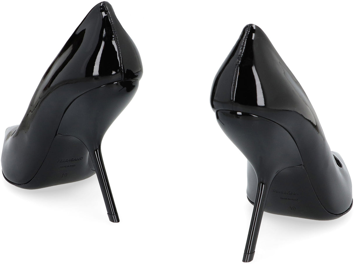 FERRAGAMO Elegant Patent Leather Pointy Toe Stiletto Pumps