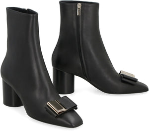 Black Leather Ankle Boots with Vara Front Bow for Women