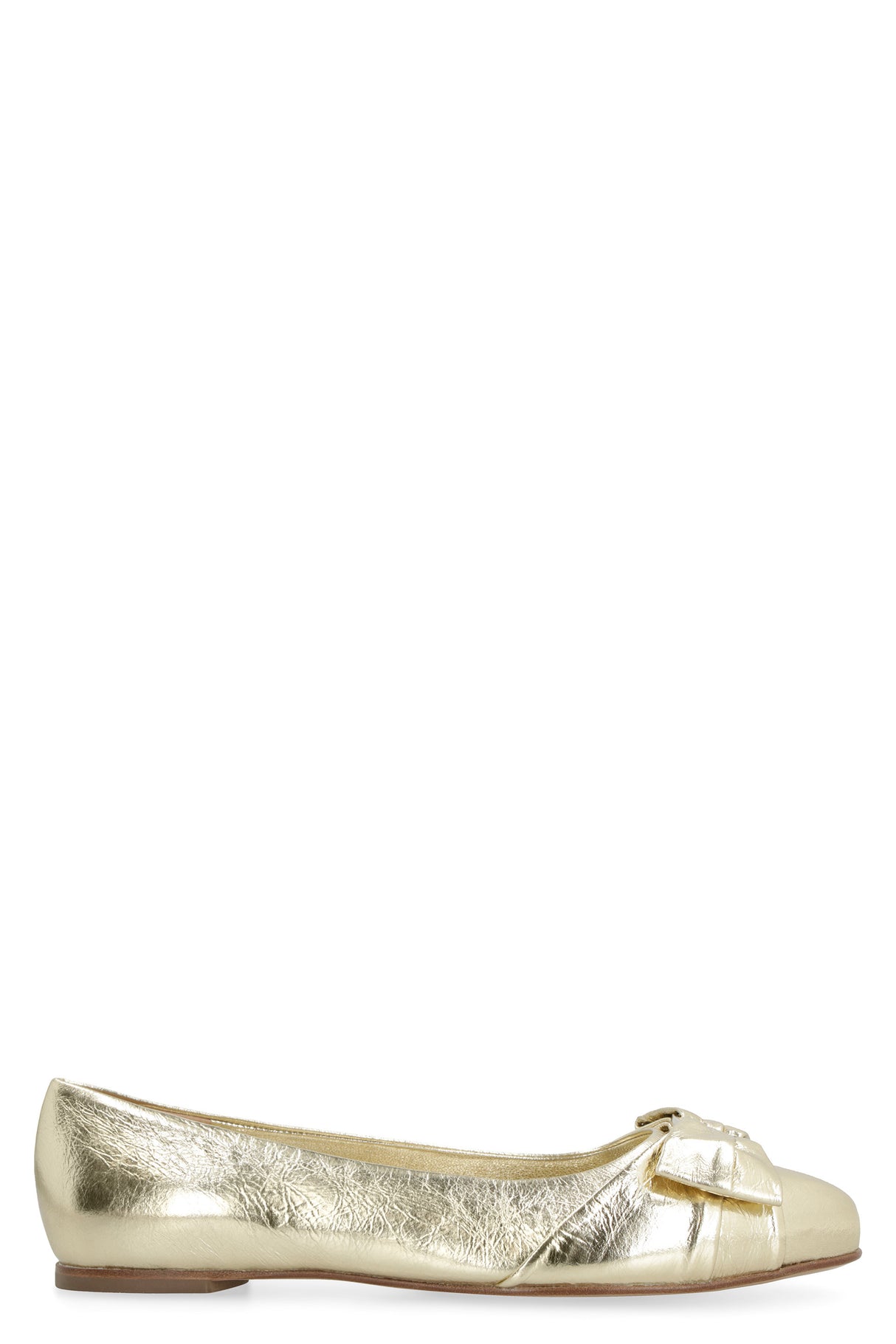 Metallic Leather Ballet Flats with Vara Bow and Logoed Plaque