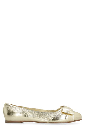 FERRAGAMO Gold Metallic Leather Ballet Flats with Vara Bow and Round Toe for Women