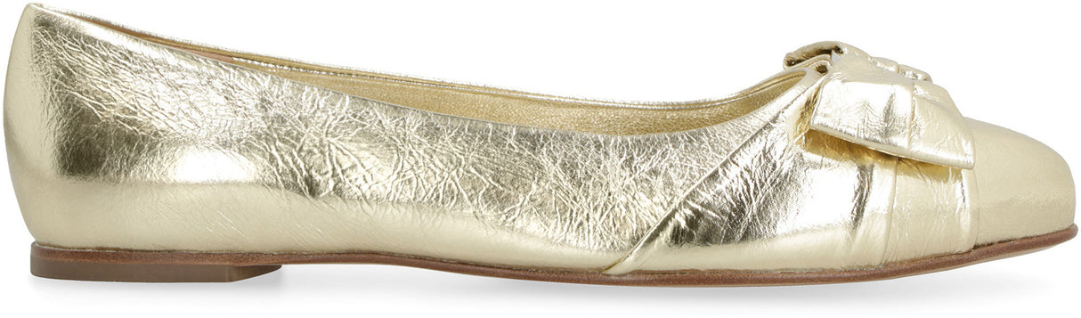 Metallic Leather Ballet Flats with Vara Bow and Logoed Plaque