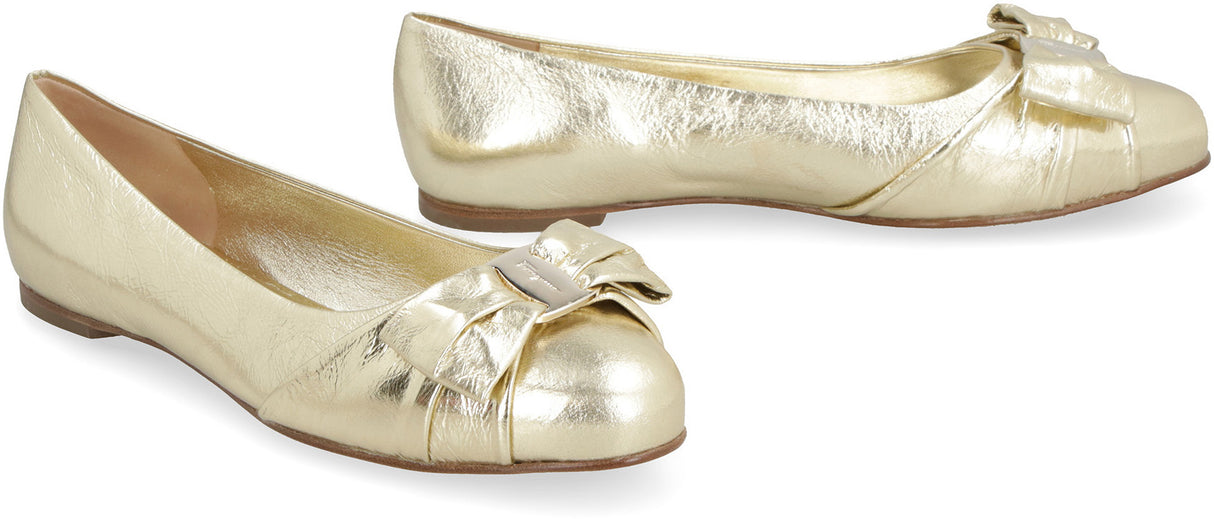 Metallic Leather Ballet Flats with Vara Bow and Logoed Plaque