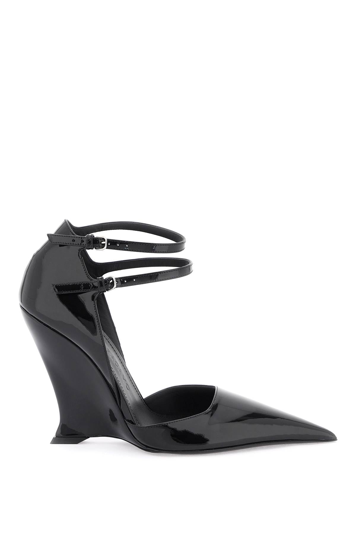 FERRAGAMO Sophisticated Black Patent Leather Sandals for Women with Adjustable Straps and Contoured Heels