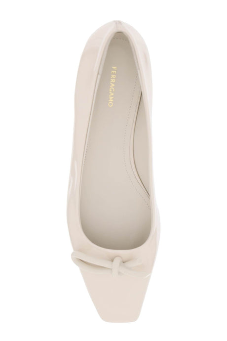 SS24 White Patent Leather Ballet Flats with Asymmetrical Bow