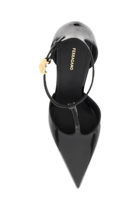 Giày cao gót t-strap đen bóng với đế cong cho phụ nữ - SS24