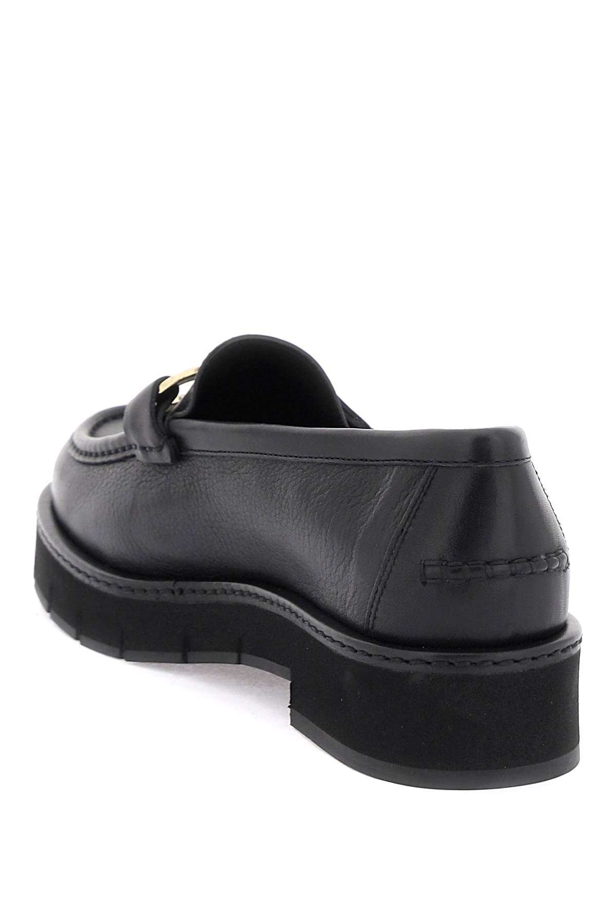 FERRAGAMO Gancini Hook Buckle Loafers in Black- Women's Grained Leather Moccasins