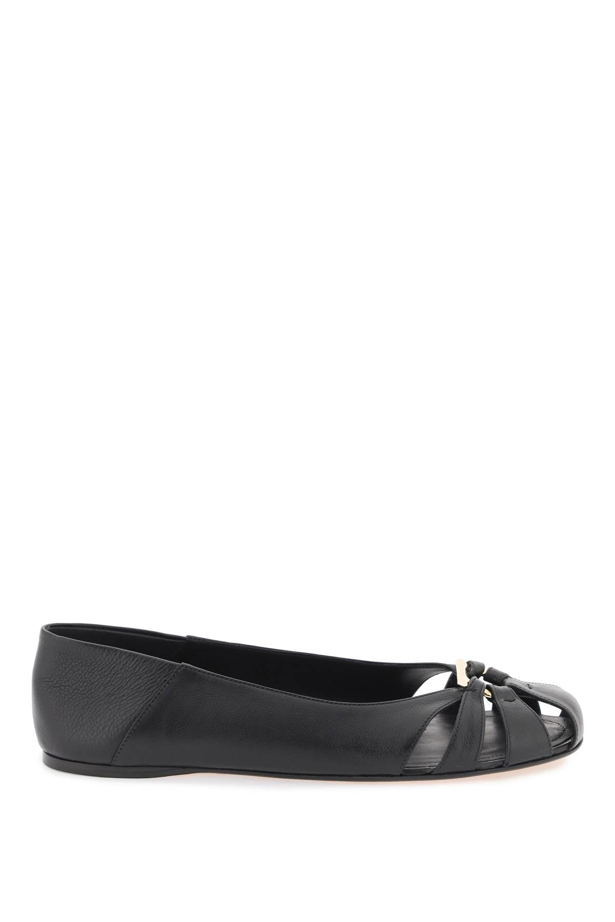 Elegant Leather Ballet Flats for Women with Iconic Gancini Hook and Hammered Leather Heel