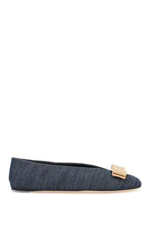 FERRAGAMO Denim Ballet Flats with Raffia Bow