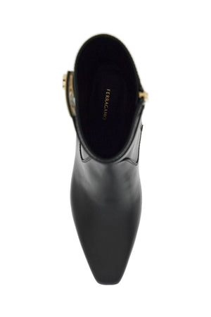 FERRAGAMO Sleek Leather Ankle Boots with Iconic Golden Buckle for Women