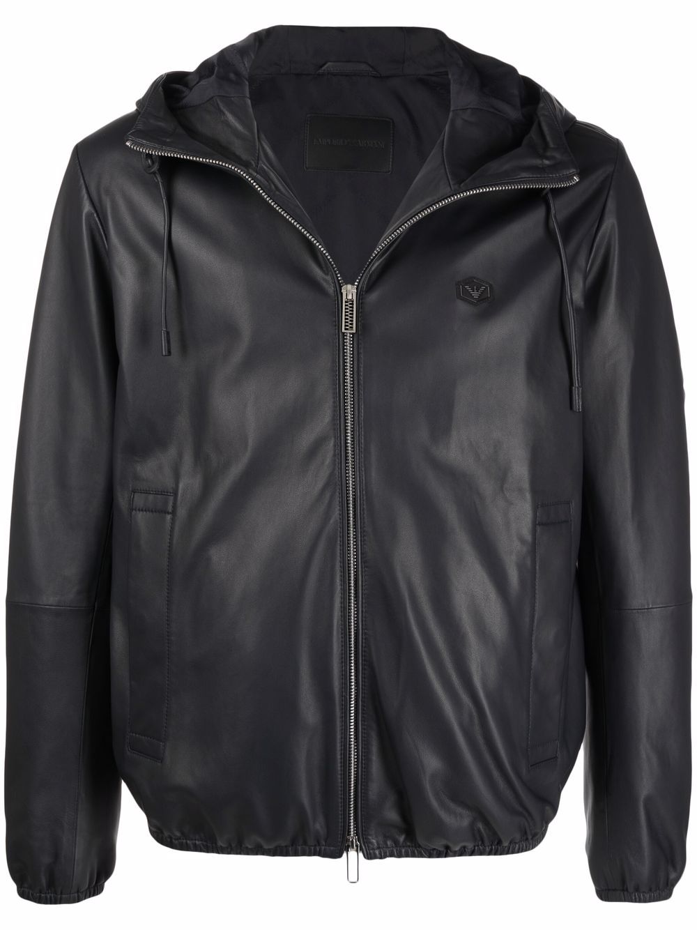 EMPORIO ARMANI Navy Blue Drawstring Hooded Leather Jacket for Men