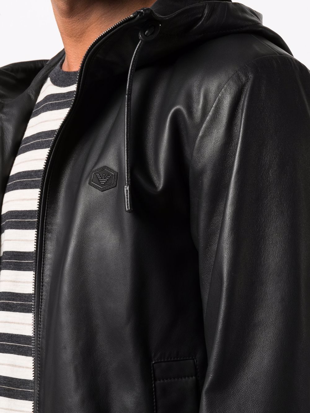 EMPORIO ARMANI Luxury Black Leather Hooded Jacket