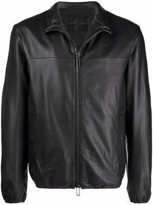 EMPORIO ARMANI Men's Black Leather Blouson Jacket for SS24