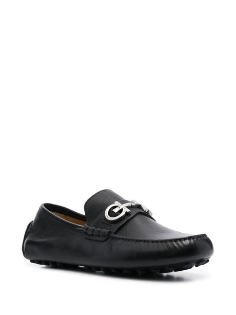 FERRAGAMO Men's Black Leather Gancini Hook Almond Toe Drivers