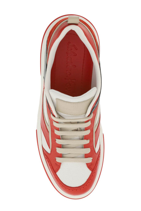FERRAGAMO Men's Leather and Fabric Sneaker with Contrasting Inserts