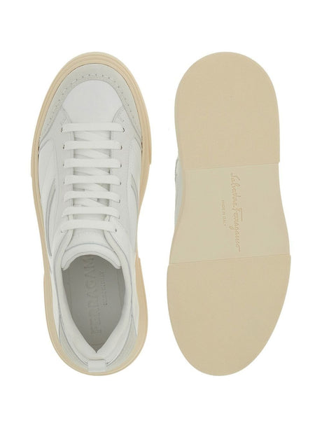 FERRAGAMO Men's White Leather Sneakers with Panel Design and Logo Details