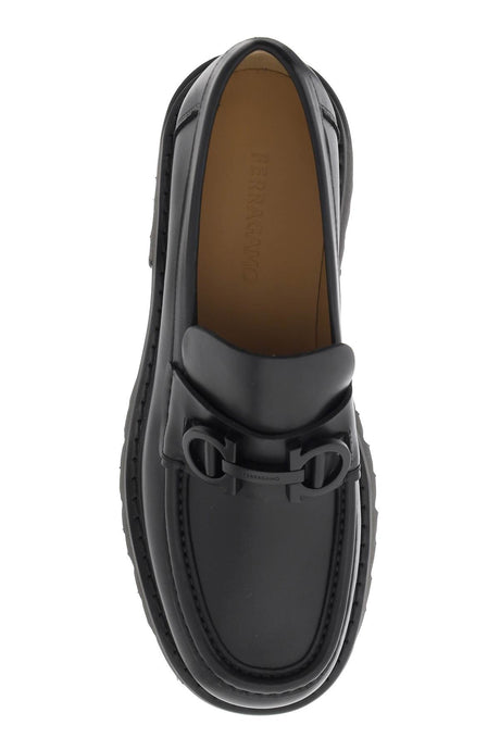 FERRAGAMO Classic Black Leather Gancini Hook Loafers for Men