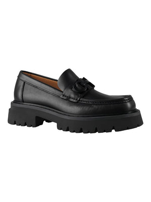 FERRAGAMO Classic Black Leather Gancini Hook Loafers for Men