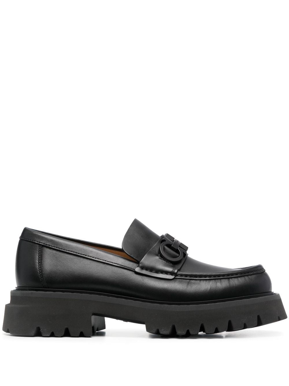 FERRAGAMO Classic Black Leather Gancini Hook Loafers for Men