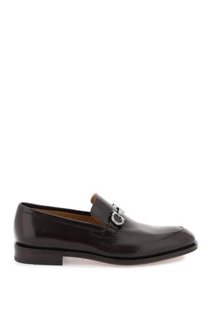 FERRAGAMO Brown Leather Moccasins with Silver Metal Gancini Detail for Men