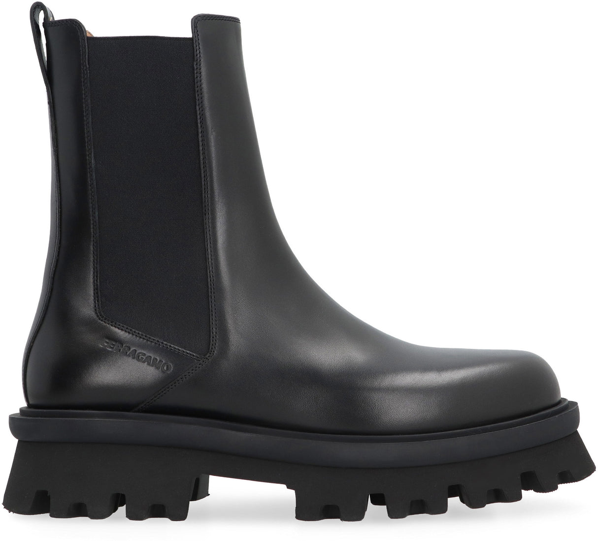 Men's Black Leather Chelsea Boots with Lug Sole and Elastic Inserts