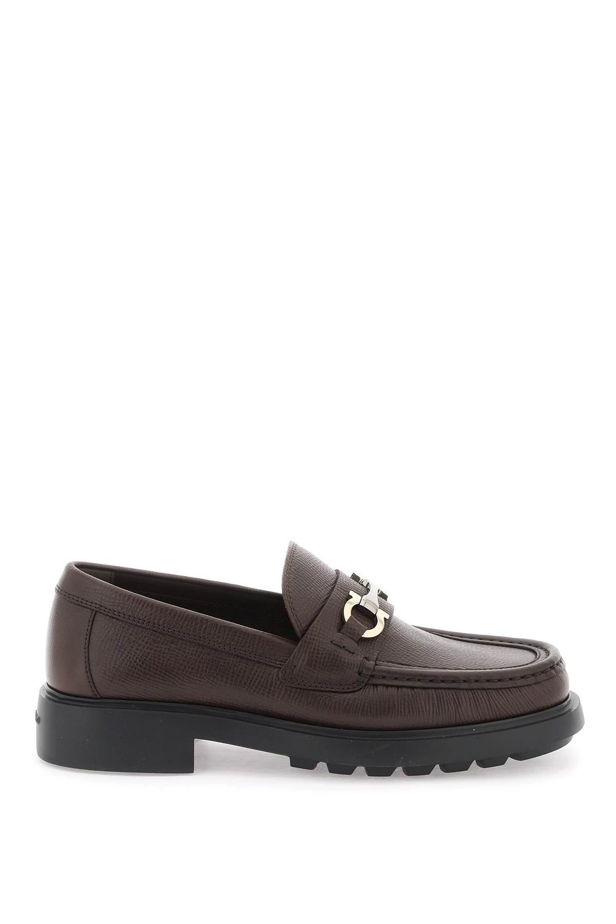 FERRAGAMO Embossed Leather Loafers with Gancini Hook for Men in Brown - SS24 Collection