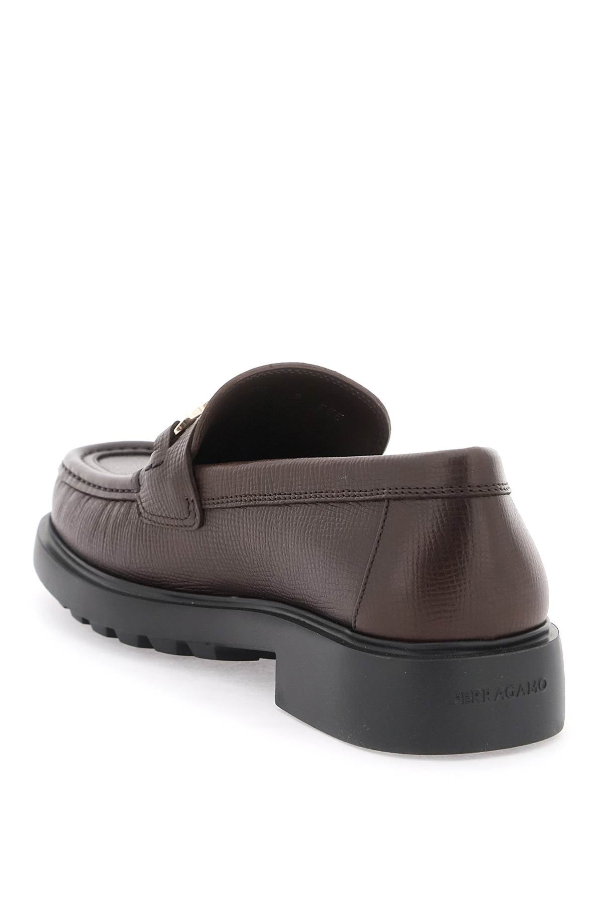 FERRAGAMO Embossed Leather Loafers with Gancini Hook for Men in Brown - SS24 Collection