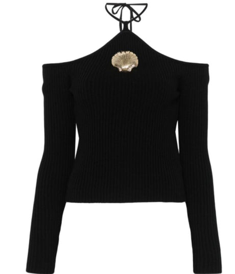 GIUSEPPE DI MORABITO Black Merino Wool Halterneck Sweater with Seashell Brooch