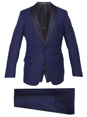 男士深蓝色羊绒晚礼服 - 浅蓝色侧边条纹 - 常规版型