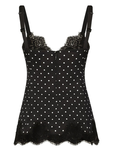 DOLCE & GABBANA Polka Dot Lace-Trimmed Silk Lingerie Top