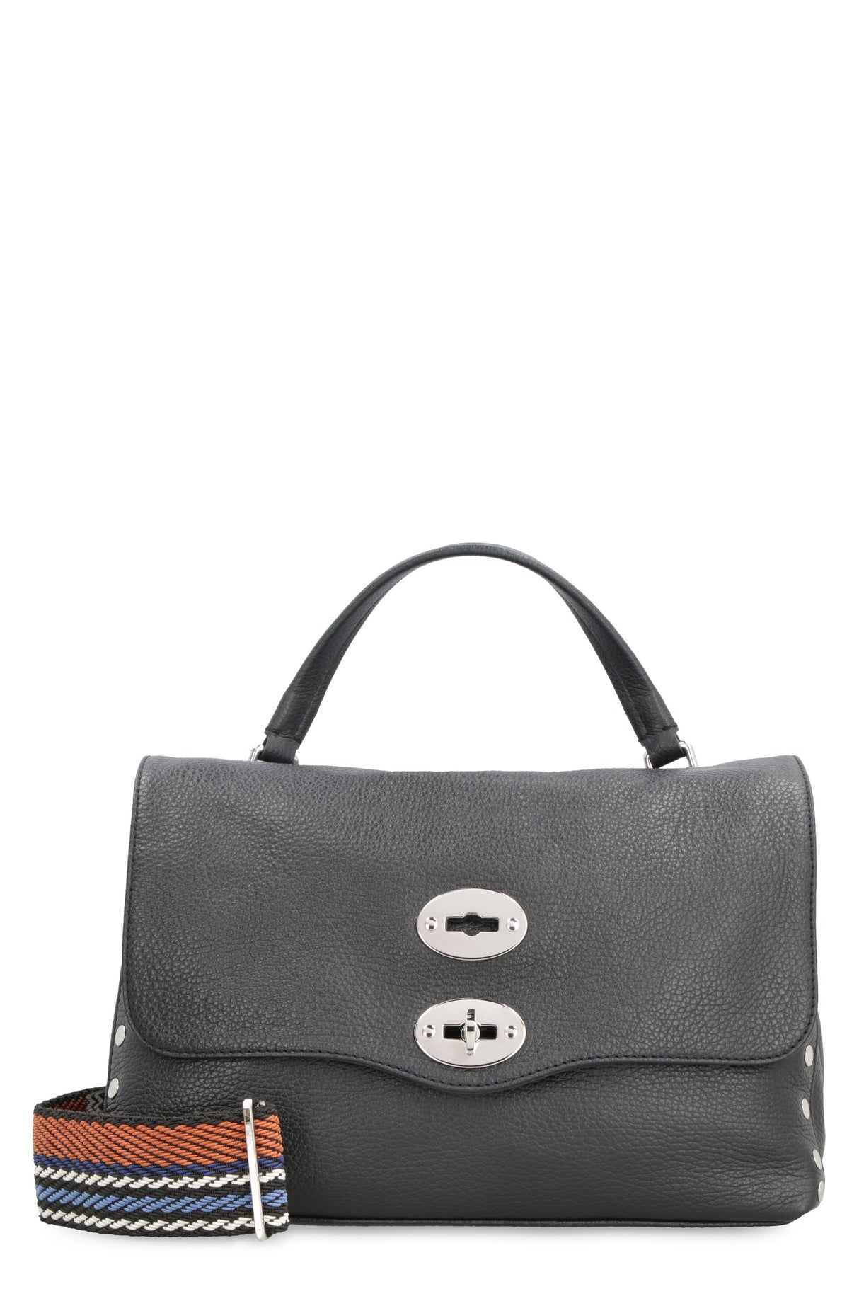 Black Leather Handbag with Multiple Compartments and Straps