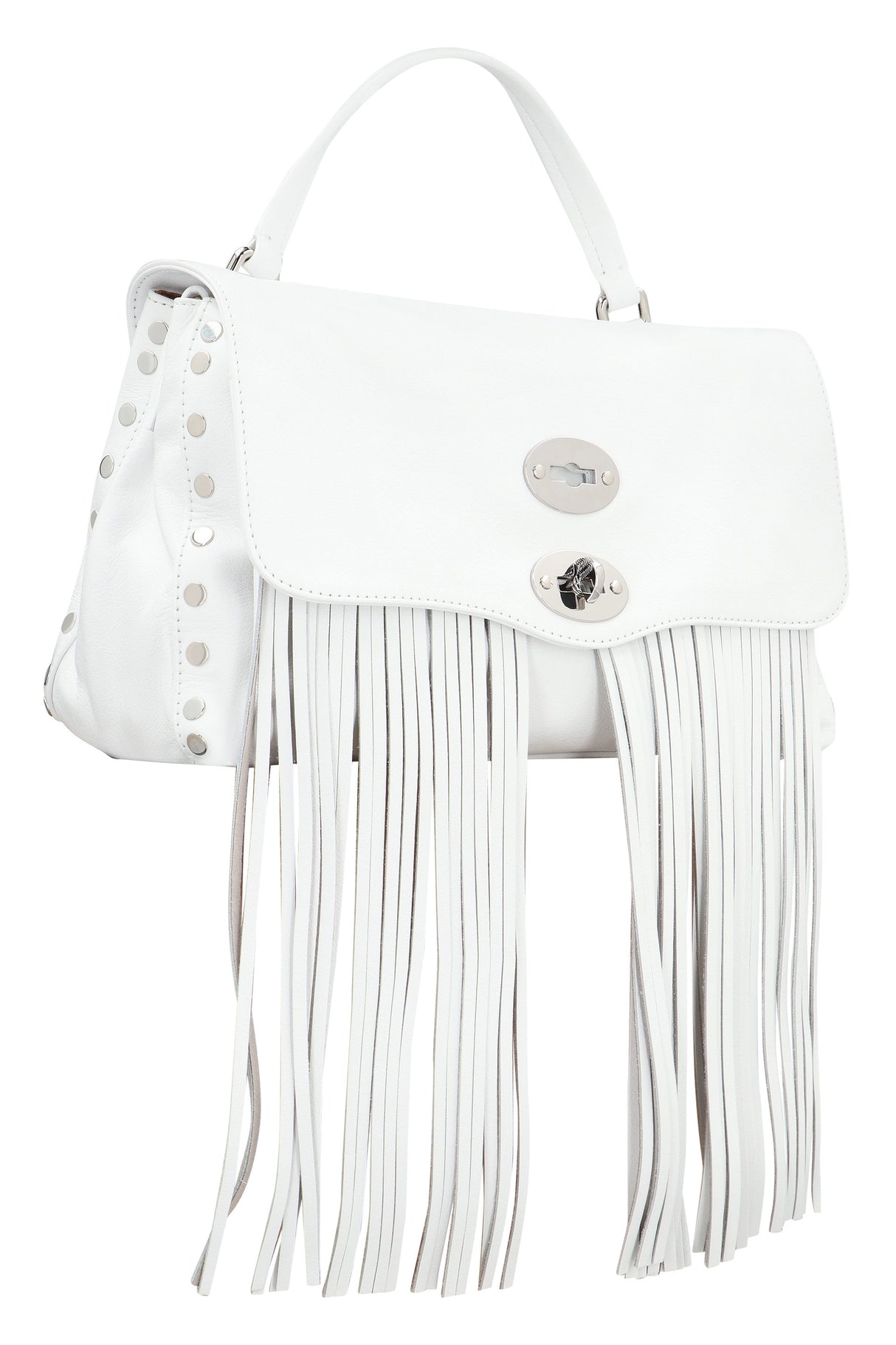 ZANELLATO Stylish White Leather Handbag with Removable Fringes and Silver-Tone Hardware - SS24