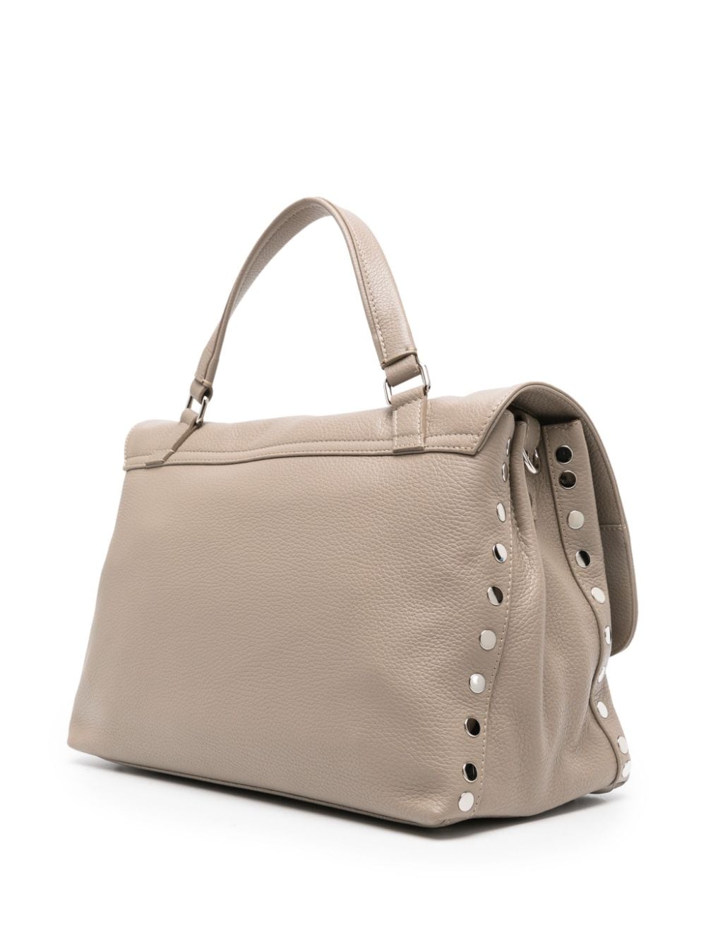 Taupe Grey Leather Handbag with Silver-Tone Stud Detailing and Adjustable Strap