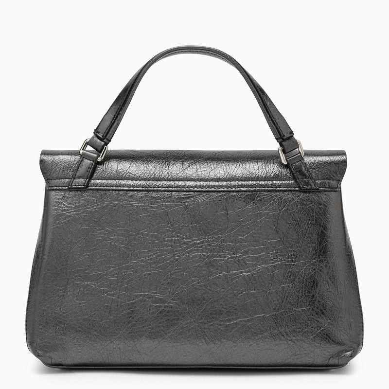 ZANELLATO Black Laminated Leather Handbag with Flap Closure and Silver-Tone Hardware