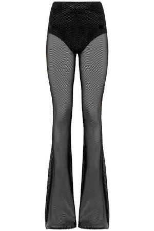 Black Rhinestone Studded Fishnet Knit Pants for Women - FW23 Collection