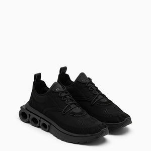 Black Knit Trainers for Men with Leather Detailing, Rounded Toe, and Perforated Rubber Sole