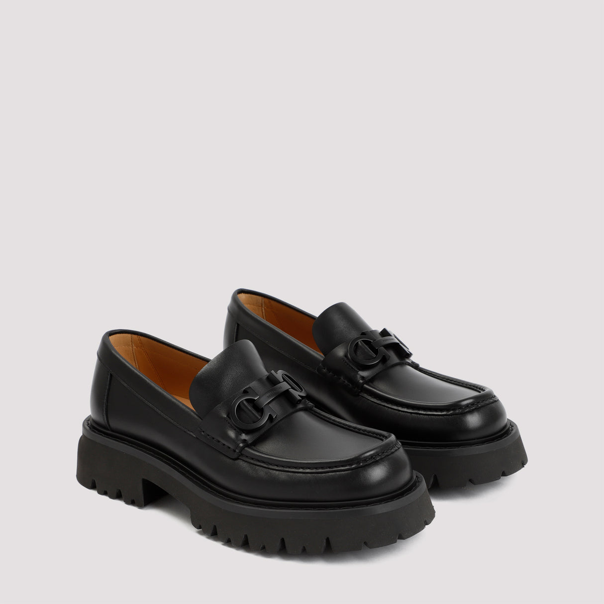 FERRAGAMO Black Leather Loafers with Platform Sole for Men