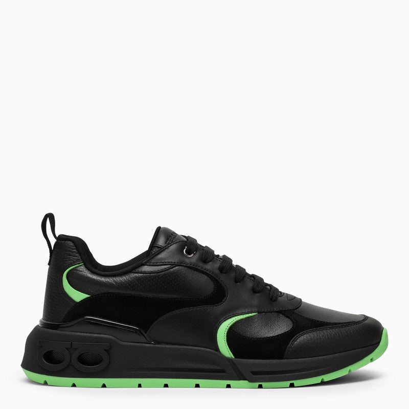 FERRAGAMO Men's Black and Neon Green Fabric Sneakers for FW23