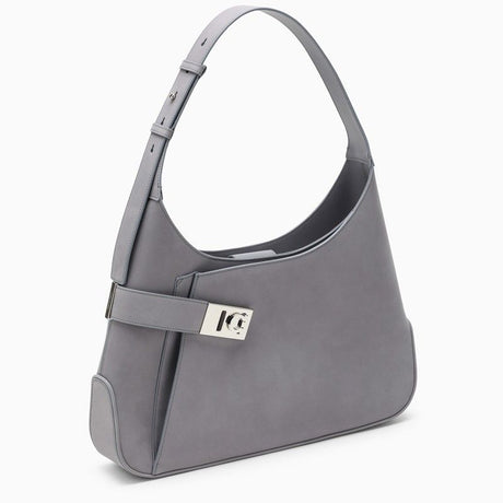 FERRAGAMO Grey Leather Shoulder Bag - Adjustable Handle, Front Pocket, Inside Zip Pocket