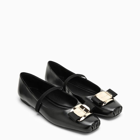 Black Leather Ballerina with Square Toe and Decorative Bow