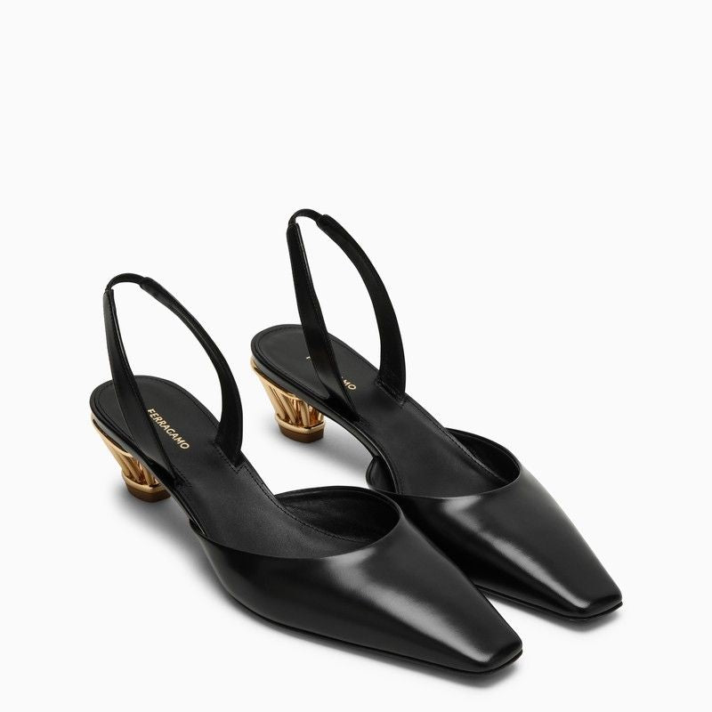 FERRAGAMO Black Leather Slingback with Golden Cage Heel and Elastic Strap