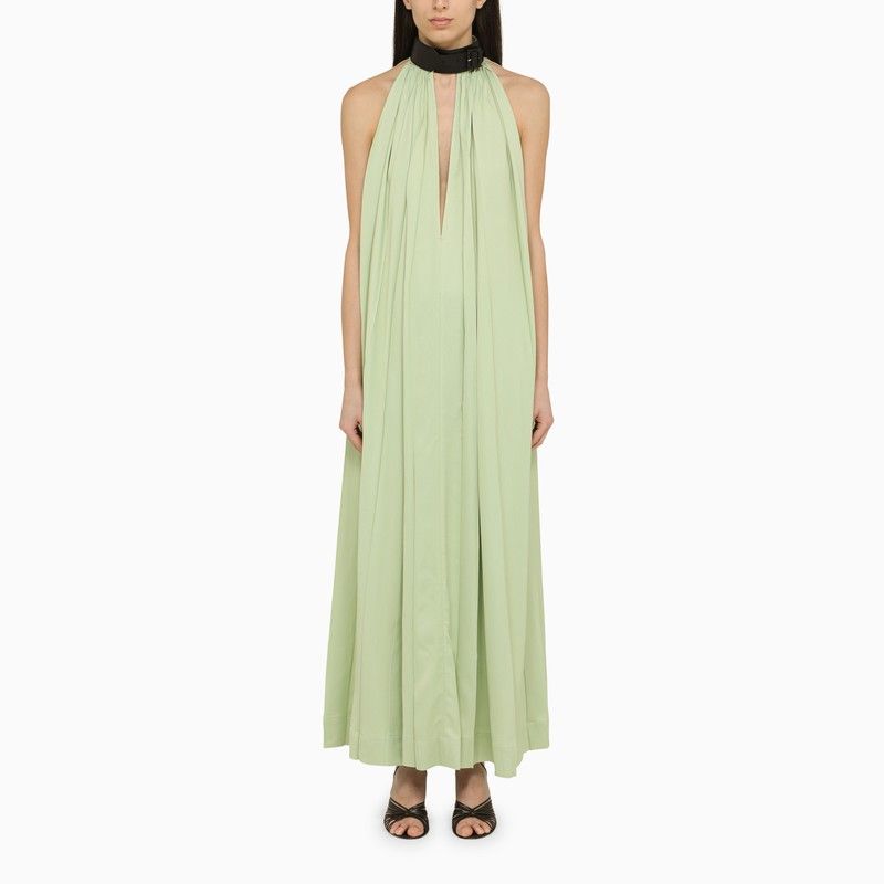 Green Viscose Sleeveless Long Dress with Contrasting High Collar