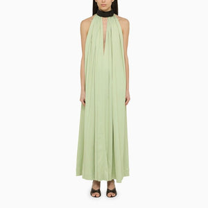 Green Viscose Sleeveless Long Dress with Contrasting High Collar