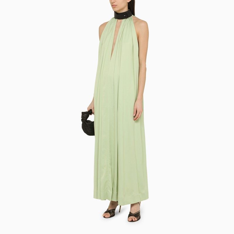 Green Viscose Sleeveless Long Dress with Contrasting High Collar