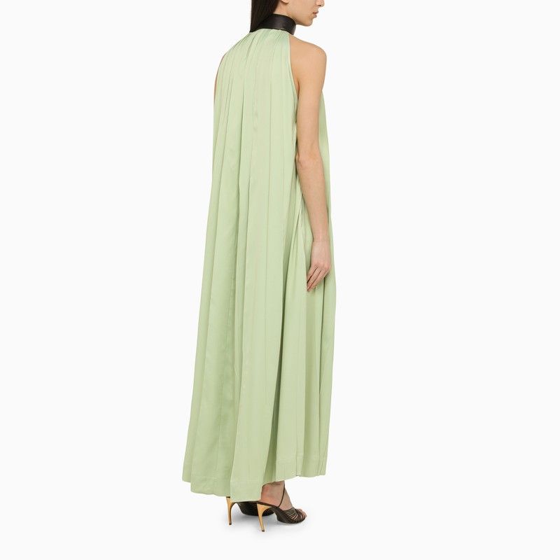 Green Viscose Sleeveless Long Dress with Contrasting High Collar