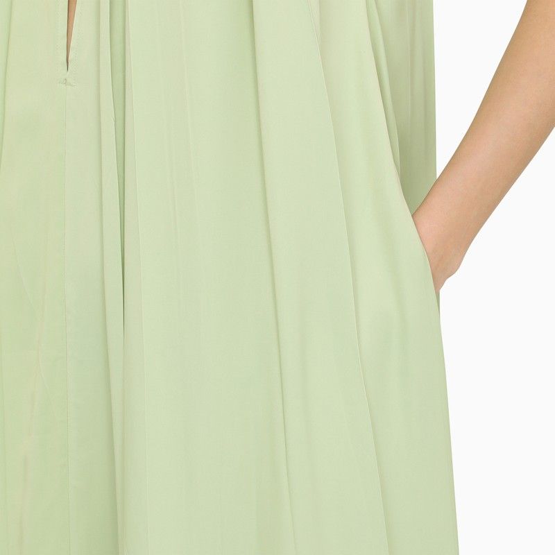 Green Viscose Sleeveless Long Dress with Contrasting High Collar