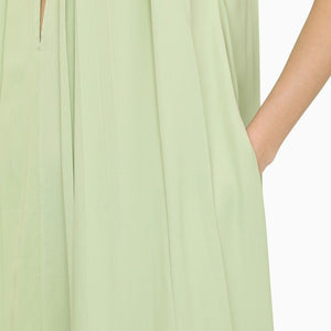 Green Viscose Sleeveless Long Dress with Contrasting High Collar